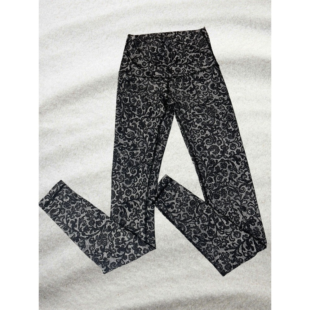 Lululemon Wunder Under High Rise Leggings Lace Print Black White Size 4 Full